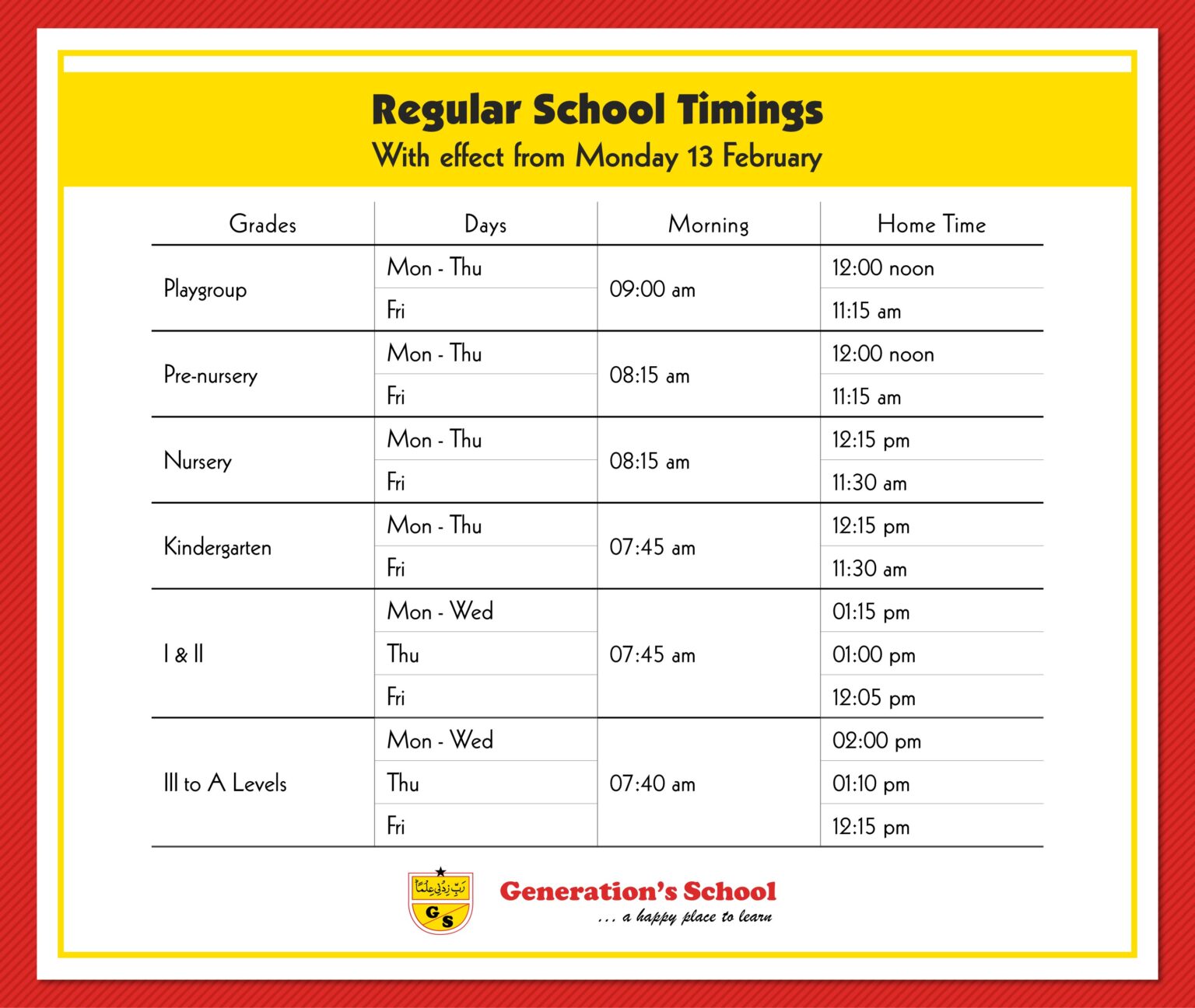 Regular School Timings Generation s School